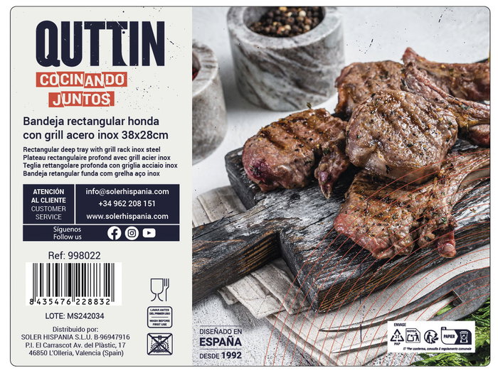 Quttin Bandeja Rectangular con Parrilla, 24 unidades, Acero Inoxidable, Medidas 38 x 27.5 cm (4 Unidades)