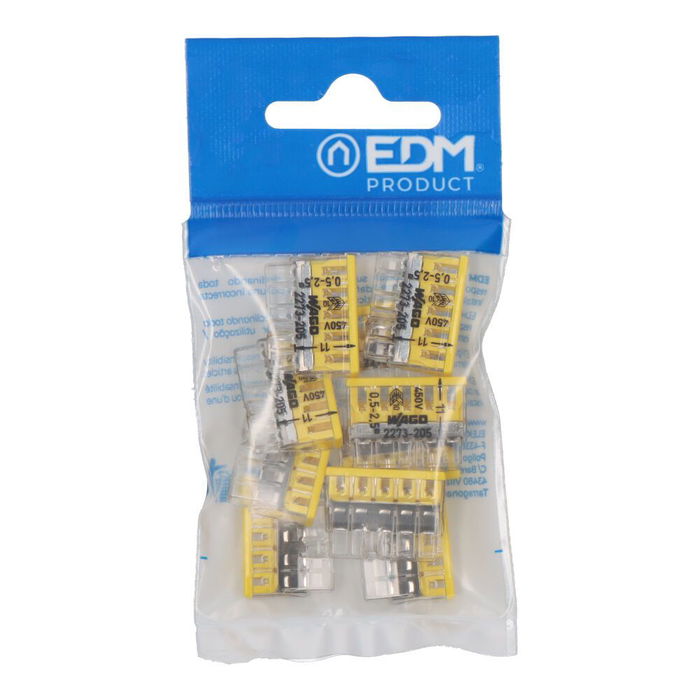 Wago Conector Rápido 5 Vías para Conductores Rígidos 0.5-2.5 mm², 450V/24A, Policarbonato Transparente/Tapa Amarilla, 10 Unidades