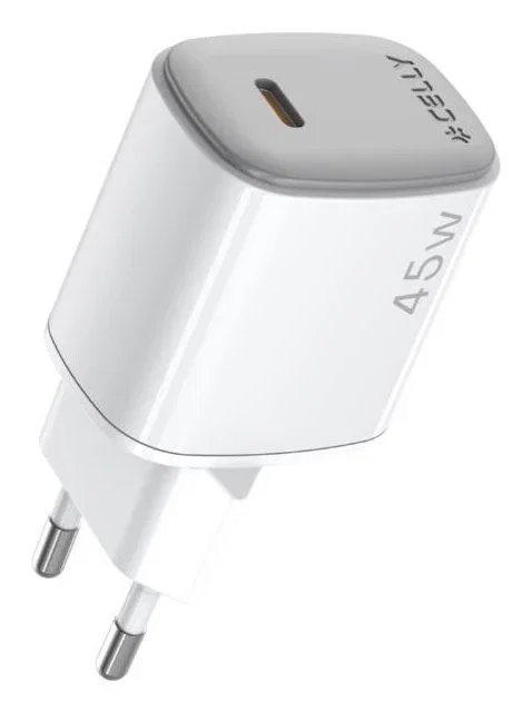 Celly UPTC1USBC45WWH Cargador GaN USB-C 45W Carga Rápida Power Delivery Blanco para Smartphone y Tableta