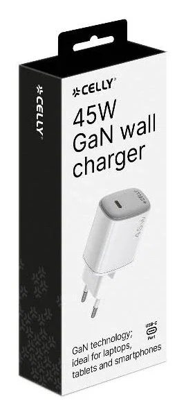 Celly UPTC1USBC45WWH Cargador GaN USB-C 45W Carga Rápida Power Delivery Blanco para Smartphone y Tableta