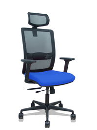 Silla de oficina Haches con mecanismo Sincro/Traslack tapizada con Tela color Azul y malla color Negro. Equipada con lumbar 1D, Brazos 2D, Cabecero 2D y Ruedas 65mm nailon