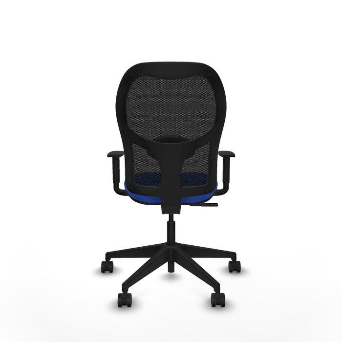 Silla de oficina Alocén con mecanismo Sincro tapizada con Tela color Azul y malla color Negro. Equipada con lumbar 1D, Brazos 1D y Ruedas 65mm nailon