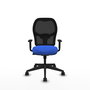 Silla de oficina Alocén con mecanismo Sincro tapizada con Tela color Azul y malla color Negro. Equipada con lumbar 1D, Brazos 1D y Ruedas 65mm nailon