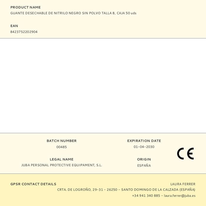 Juba Guante Nitrilo Negro Sin Polvo T-08 Caja 50uds Desechable Talla 8