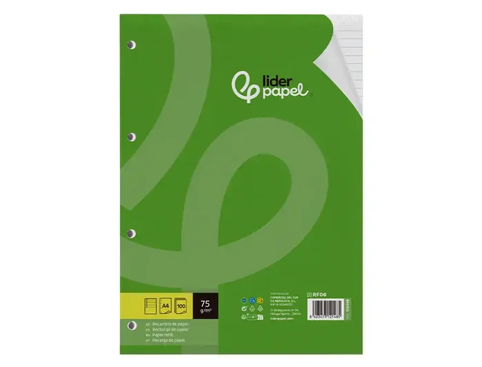 Liderpapel Recambio A4 100 Hojas 75gr Horizontal con Margen 4 Taladros