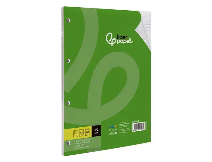 Liderpapel Recambio A4 100 Hojas 75gr Horizontal con Margen 4 Taladros