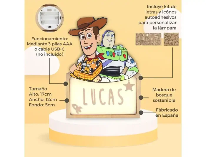 Wondee Lámpara Personalizable de Madera con Temática Toy Story