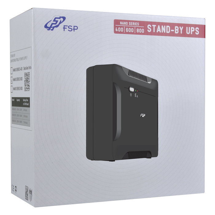 FSP NANO 600 UPS Offline 600VA/360W, Forma de onda seno, 2 salidas AC, 12V 7Ah, respaldo 10 min, Negro