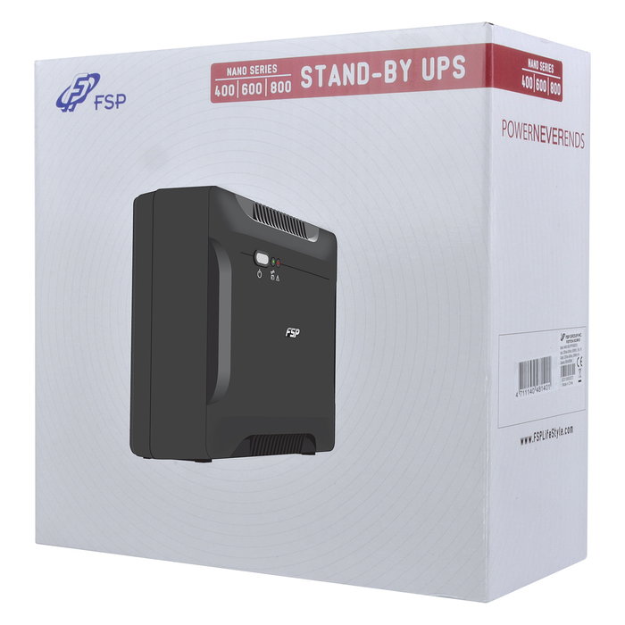 FSP NANO 600 UPS Offline 600VA/360W, Forma de onda seno, 2 salidas AC, 12V 7Ah, respaldo 10 min, Negro