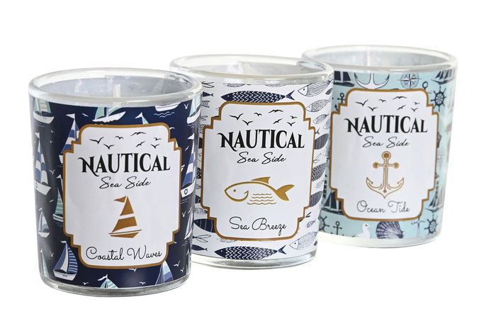 DKD Home Decor Vela Mediterraneo Nautical sea side Set 3 Azul Cera parafina Cristal 5 x 6 x 17 cm