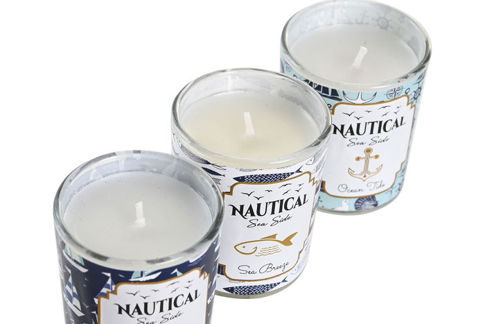 DKD Home Decor Vela Mediterraneo Nautical sea side Set 3 Azul Cera parafina Cristal 5 x 6 x 17 cm