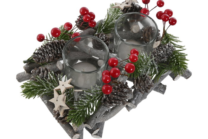 DKD Home Decor Portavelas Navidad Alpina Marron Rojo 14 x 8 x 21 cm (2 Unidades) Madera Cristal Pinas Hecho a Mano