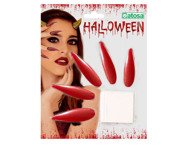 Kit Uñas Rojas Postizas Halloween Color Rojo Largas con Adhesivo para Disfraces Kit Uñas Rojas Postizas Halloween Color Rojo Largas con Adhesivo para Disfraces