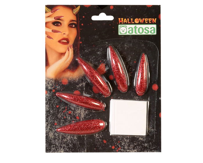 Kit Uñas Rojas Postizas Halloween Color Rojo Largas con Adhesivo para Disfraces Kit Uñas Rojas Postizas Halloween Color Rojo Largas con Adhesivo para Disfraces