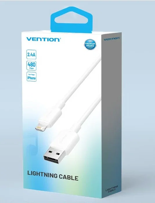 Vention LAMBF Cable USB-A a Lightning 2.0, 1m, 480 Mbps, 2.4A de carga rápida, Conectores Macho, Color Blanco