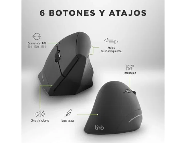 TNB Ratón Inalámbrico Vertical Ergonómico Bluetooth + USB-A 2,4 GHz Negro