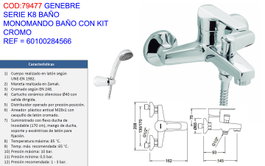 GENEBRE Serie K8 Grifo Monomando de Baño con Kit Cromo