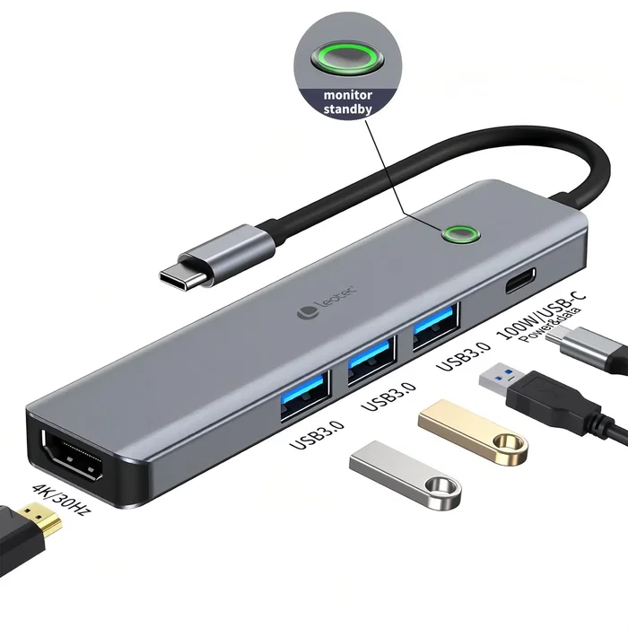 Leotec LEDS05 Base Docking Station para Portátil, Puerto USB-C PD 100W para Carga y Datos, 3 Puertos USB 3.0, Puerto HDMI 4K 30Hz, Gris