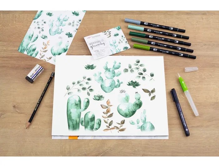 Tombow Set Watercoloring Greenery 9 Piezas con Rotuladores ABT-098, 228, 249, 312, N52 y Calibrado 01