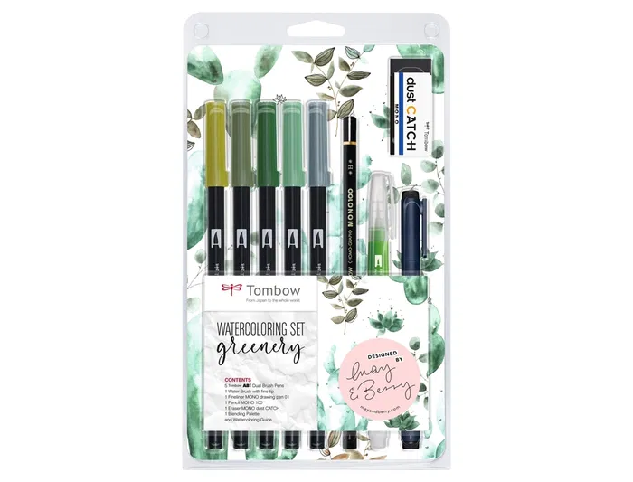 Tombow Set Watercoloring Greenery 9 Piezas con Rotuladores ABT-098, 228, 249, 312, N52 y Calibrado 01