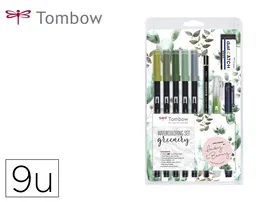 Tombow Set Watercoloring Greenery 9 Piezas con Rotuladores ABT-098, 228, 249, 312, N52 y Calibrado 01
