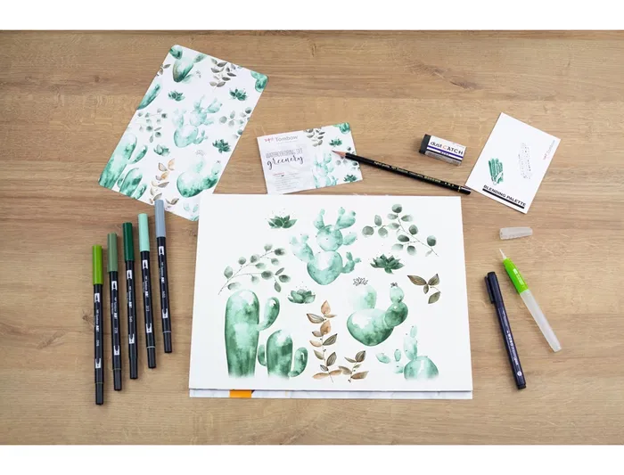 Tombow Set Watercoloring Greenery 9 Piezas con Rotuladores ABT-098, 228, 249, 312, N52 y Calibrado 01