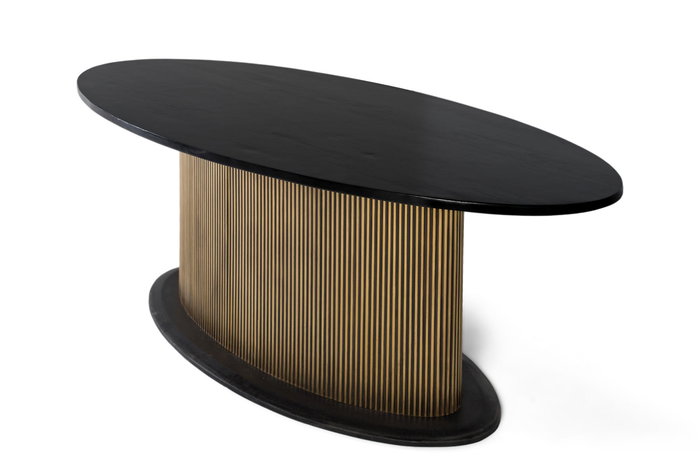 GINER Y COLOMER Mesa de Comedor Ovalada con Tapa de Madera de Mango Negra Mate y Base de Bronce Dorado Envejecido, 220 cm, Art Déco/Contemporánea