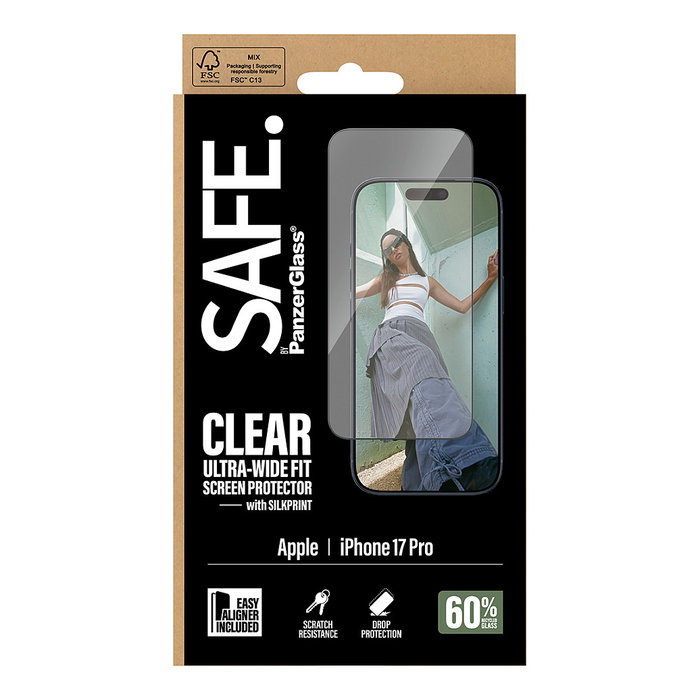PanzerGlass Protector de Pantalla SAFE. con Marco Negro para iPhone 17 Pro - Ultra-Wide Fit con EasyAligner - Vidrio Templado Reciclado - Aplicación en Seco y sin Burbujas