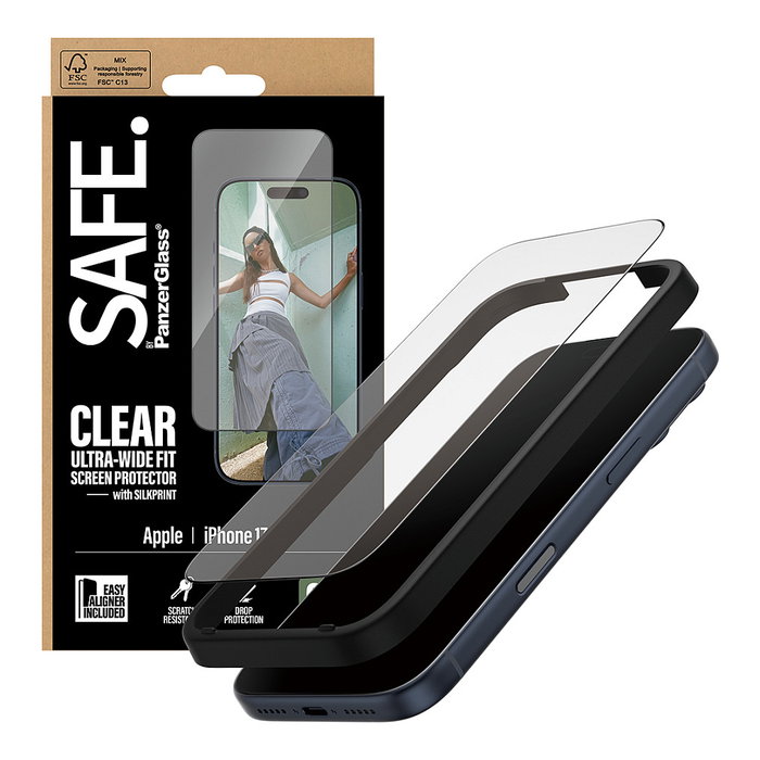 PanzerGlass Protector de Pantalla SAFE. con Marco Negro para iPhone 17 Pro - Ultra-Wide Fit con EasyAligner - Vidrio Templado Reciclado - Aplicación en Seco y sin Burbujas