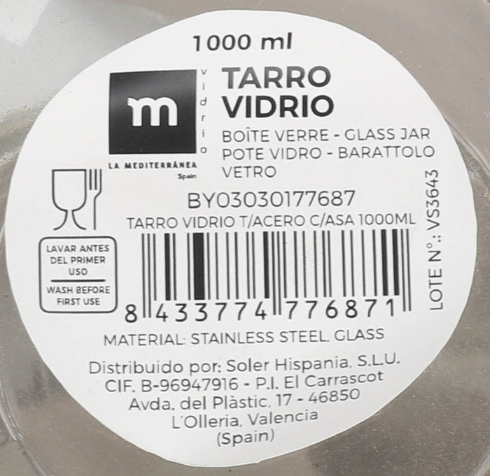 La Mediterranea Tarro de Vidrio con Tapa de Acero y Asa 1000ml