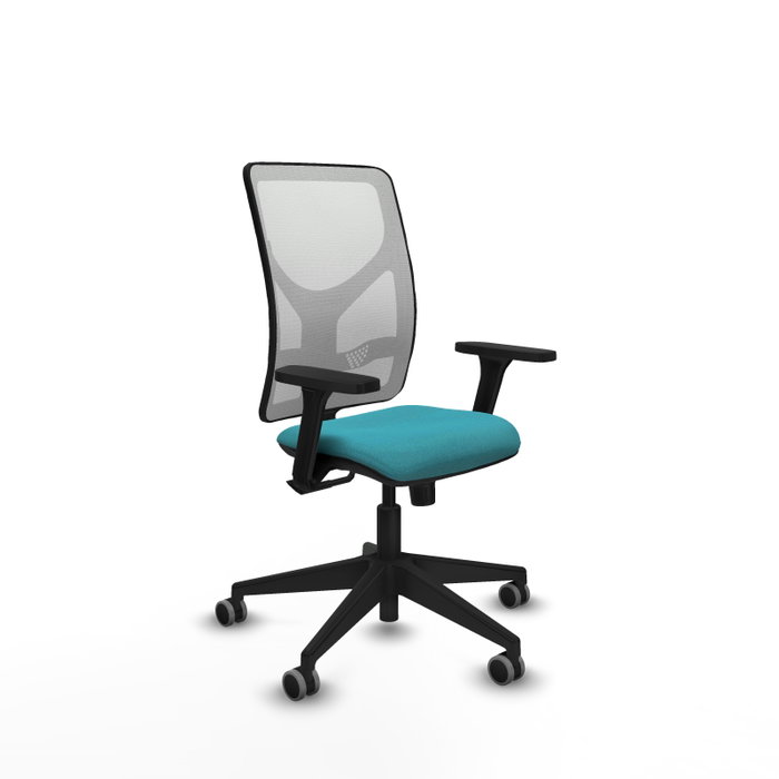 Silla de oficina Motilla con mecanismo Sincro tapizada con Tela color Turquesa y malla color Blanco. Equipada con lumbar 1D, Brazos 3D y Ruedas 65 mm parqué Silla de oficina Motilla con mecanismo Sincro tapizada con Tela color Turquesa y malla color Blanco. Equipada con lumbar 1D, Brazos 3D y Ruedas 65 mm parqué