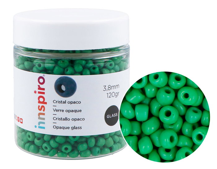 Innspiro Rocalla de vidrio redonda opaco verde 3,8mm 120gr Bote Innspiro Rocalla de vidrio redonda opaco verde 3,8mm 120gr Bote