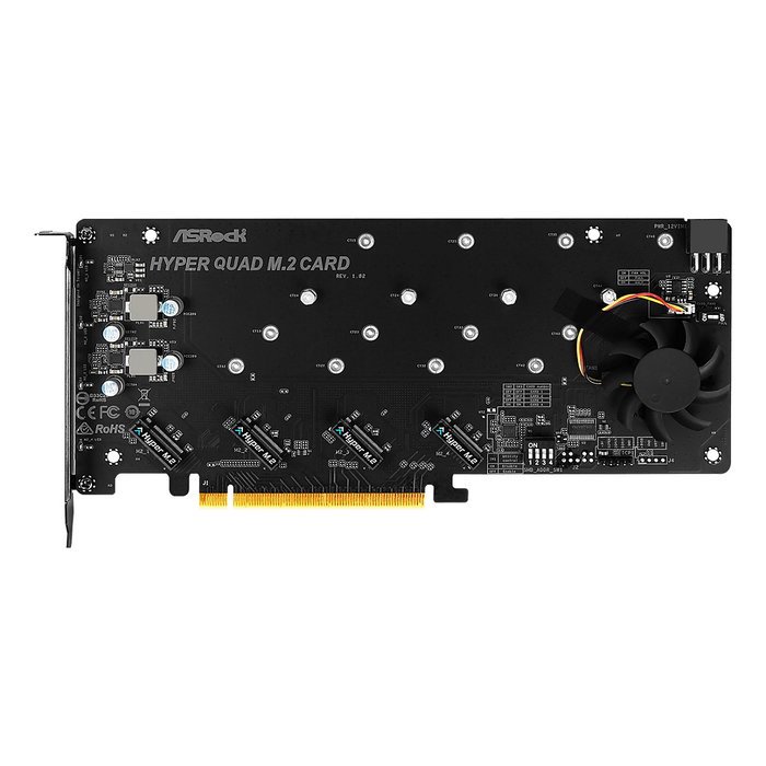 ASRock Hyper Quad M.2 Card, Tarjeta de Expansión PCIe 4.0 x16 para 4 SSD M.2 NVMe, Enfriamiento Activo con Ventilador, Color Negro/Aluminio