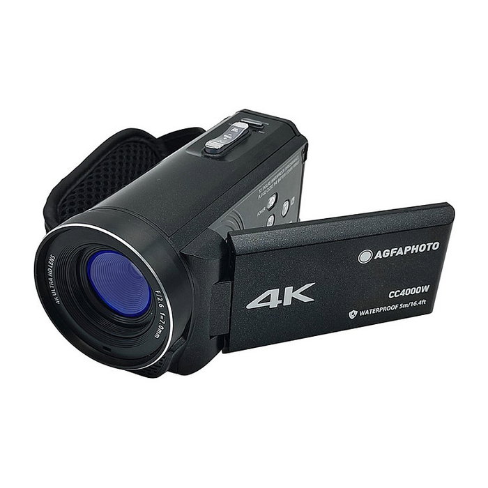 AgfaPhoto Cámara de VÍdeo Manual Realimove CC4000W, 4K Ultra HD, 18x Zoom Digital, Estabilización de Imagen, Resistente al Agua 5m, 24MP, Pantalla LCD 3", 430 g, Negro