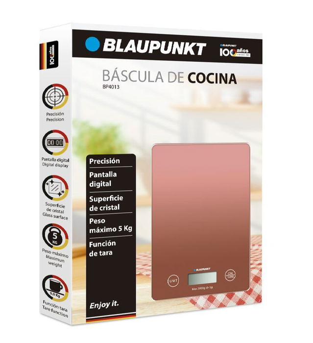 Blaupunkt Báscula de Cocina Digital 5 kg, Pantalla LCD, Superficie de Cristal Templado
