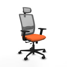 Silla de oficina Haches con mecanismo Sincro/Traslack tapizada con Tela color Naranja y malla color Gris. Equipada con lumbar 1D, Brazos 2D, Cabecero 2D y Ruedas 65mm nailon