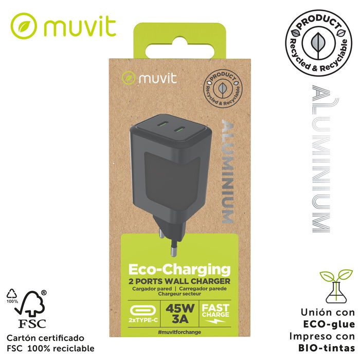 muvit for change cargador de pared 2 Tipo C PD45W aluminio