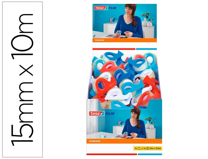 Tesa Cinta Adhesiva Standard con Dispensador, Transparente, 10 m x 15 mm, para Embalar Tesa Cinta Adhesiva Standard con Dispensador, Transparente, 10 m x 15 mm, para Embalar
