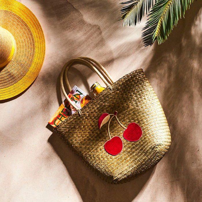 Jet Lag Bolsa Capazo Con Asas Decorada Fibras Naturales Cerezas Bella 48x35 cm