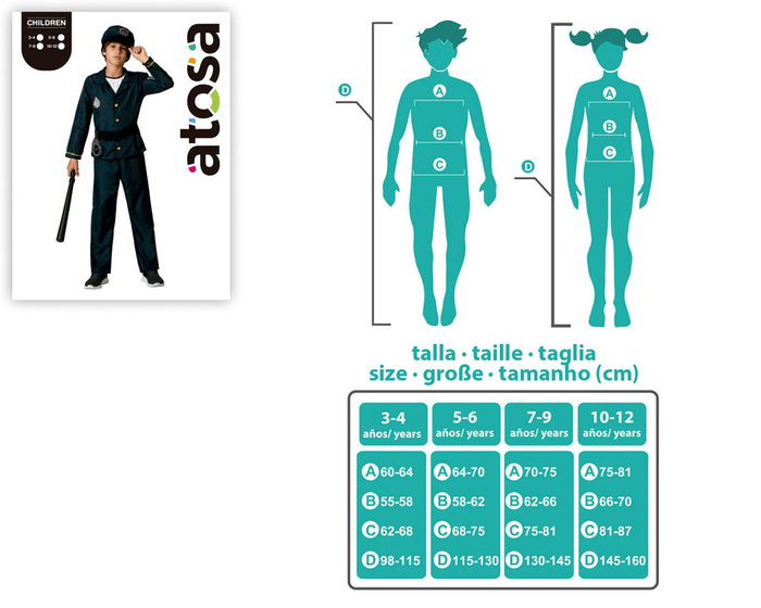 Disfraz Policia Niños Azul Marino 3-4 Años Traje Carnaval Infantil Complet con Pantalon Casaca Cinturon Gorro