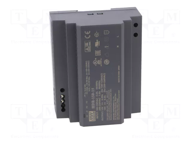 MEAN WELL HDR-150-15 Alimentador de impulso para carril DIN 142,5W 15VDC 9,5A MEAN WELL HDR-150-15 Alimentador de impulso para carril DIN 142,5W 15VDC 9,5A