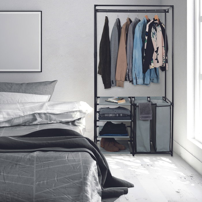 Je cherche une Idee Perchero Vestidor Abierto con 3 Espacios, Bolsas y Baldas, Soporta 25kg, 87x43.5x163.5cm