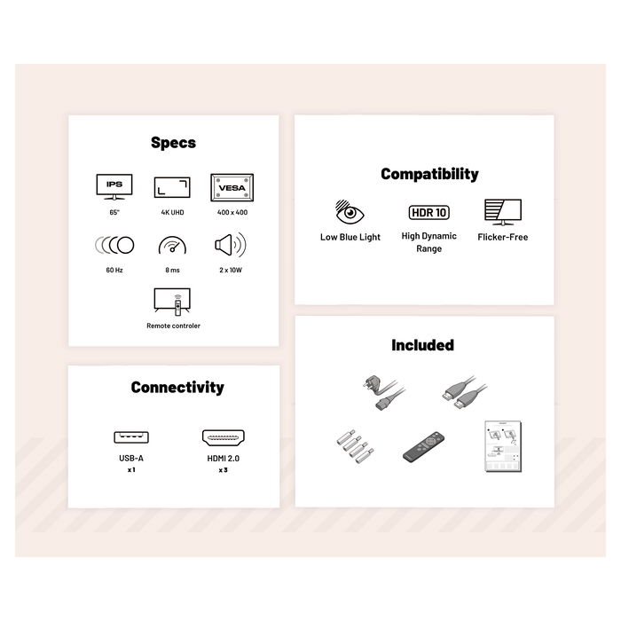 JAPANNEXT JN-IPS650UHD60F Monitor 4K Ultra HD de 65" (165.1 cm) IPS 60Hz con Altavoces, HDR, HDMI, USB, WLAN y Negro