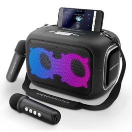 Energy Sistem KaraokeStar Altavoz Bluetooth con Karaoke 60W, 2 Micrófonos Inalámbricos, Luces LED, Batería 8h, Resistente al Agua IPX4, USB/SD/AUX, Negro