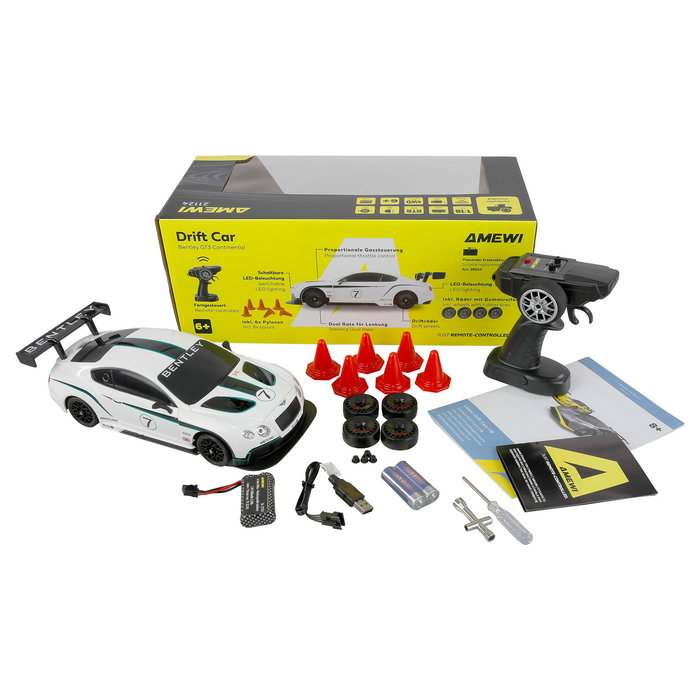 AMEWI Bentley GT3 Coche de Carreras RC Drift a Escala 1:18, Blanco, 2.4 GHz, 20 km/h, 500 mAh, para 6+ Años
