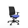 Silla de oficina Alares con mecanismo Sincro tapizada con Tela color Azul claro y malla color Negro. Equipada con lumbar 1D, Brazos 1D y Ruedas 65mm nailon