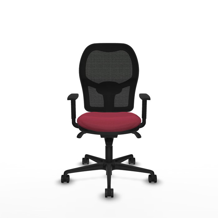 Silla de oficina Jorquera con mecanismo Sincro tapizada con Tela color Granate y malla color Negro. Equipada con lumbar 1D, Brazos 1D y Ruedas 65mm nailon