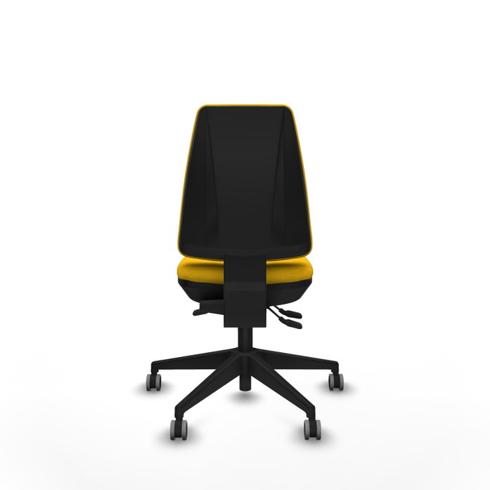 Silla de oficina Elche con mecanismo Asincro tapizada con Tela color Amarillo. Equipada con Base piramidal negra, Sin brazos y Ruedas 65 mm parqué
