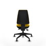 Silla de oficina Elche con mecanismo Asincro tapizada con Tela color Amarillo. Equipada con Base piramidal negra, Sin brazos y Ruedas 65 mm parqué