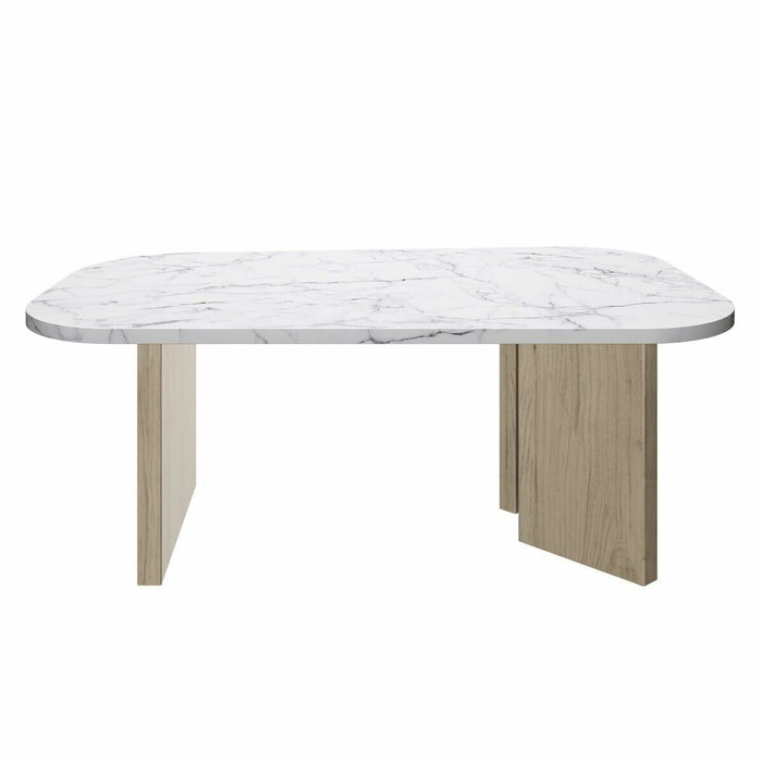 Diagone Mesa de centro QUARTZ ovalada imitación mármol blanco y patas de roble Diagone Mesa de centro QUARTZ ovalada imitación mármol blanco y patas de roble